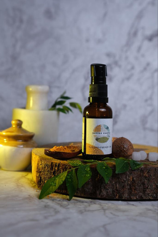 LittleEarth's Nalpamaradi thailam is a classical formula to lighten complexion as well as soften and repair skin. Potent Turmeric with its anti oxidant action repairs pigmentation, uneven skin tone and marks.